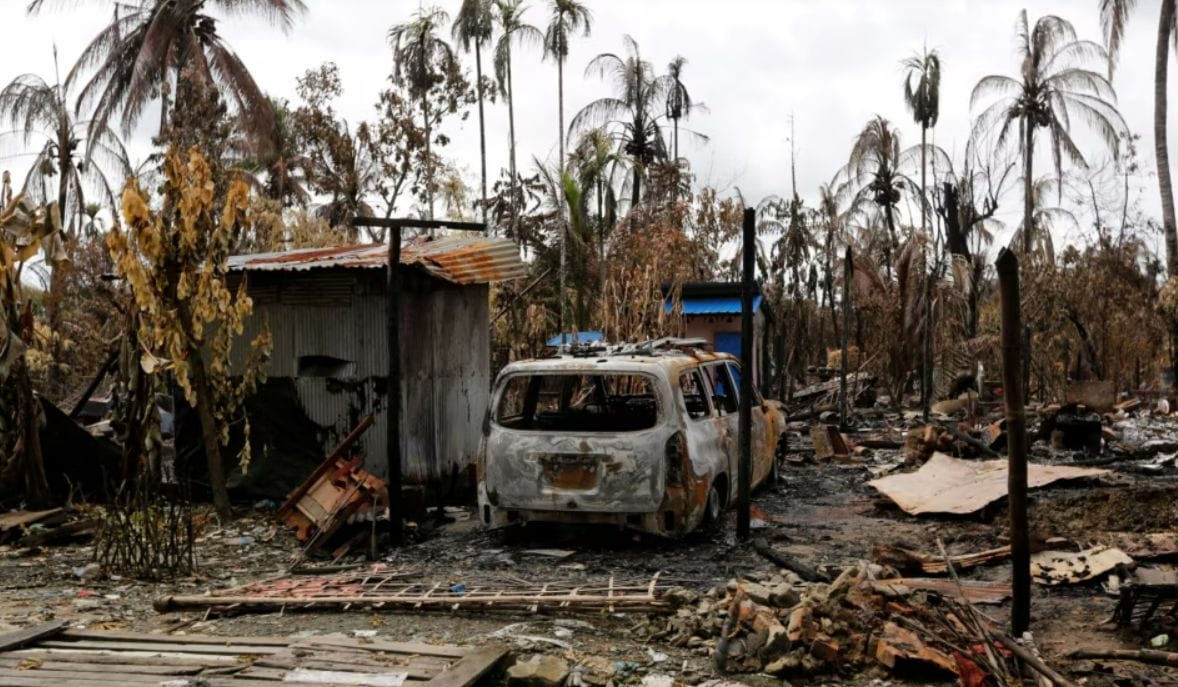 FILE - A car is seen near a house that was burnt down during the last days violence in Maungdaw, Myanmar Aug. 31, 2017. (Image: Routers)